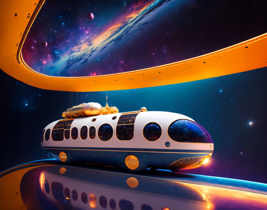 Futuristic space bus on orange track in cosmic setting