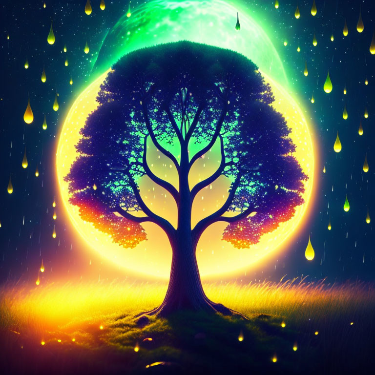 Fantastical tree silhouette on vibrant cosmic backdrop