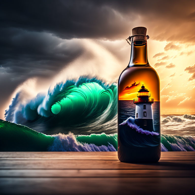 Surreal lighthouse and ocean waves on bottle with sunset sky