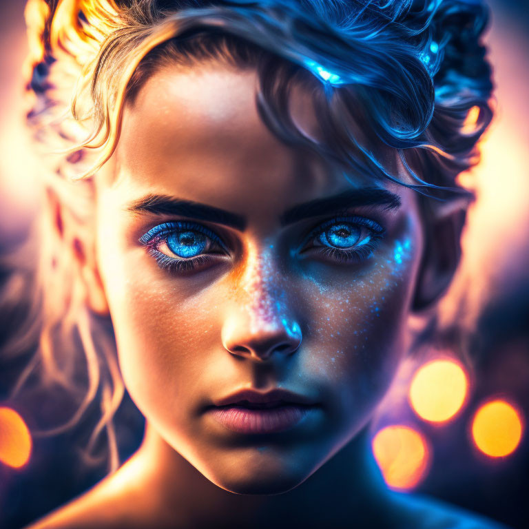 Close-Up Portrait of Woman with Striking Blue Eyes and Glitter in Warm Bokeh Light