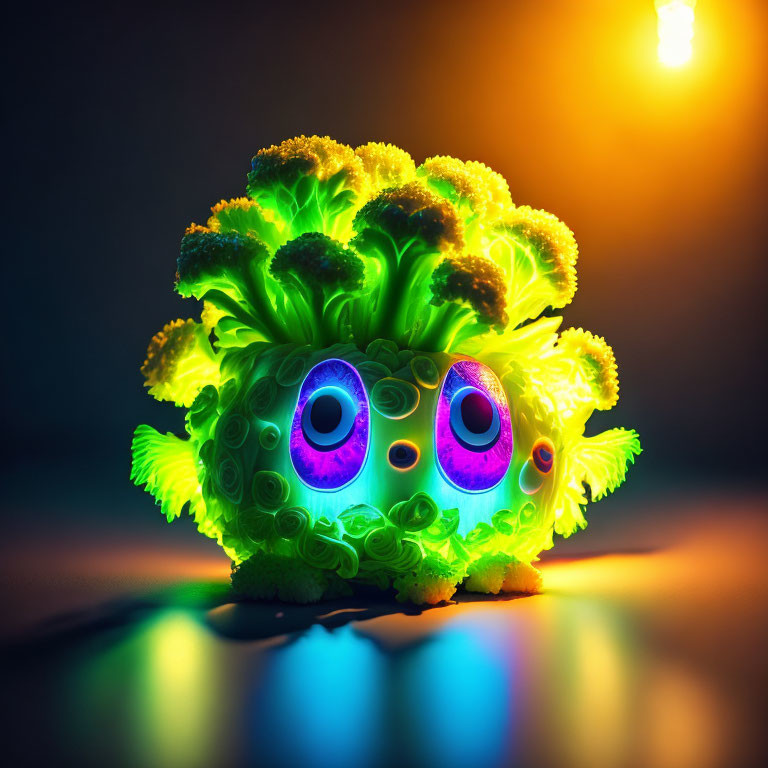 Colorful Fluffy Creature Toy with Broccoli-Like Fur and Glowing Red Details