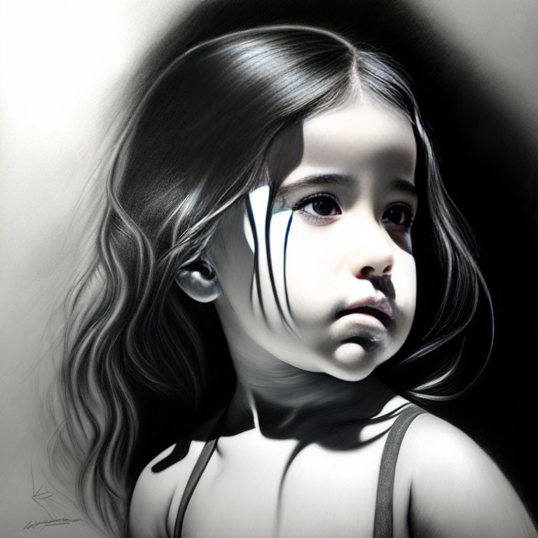 Monochrome portrait of young girl with wavy hair and thoughtful expression