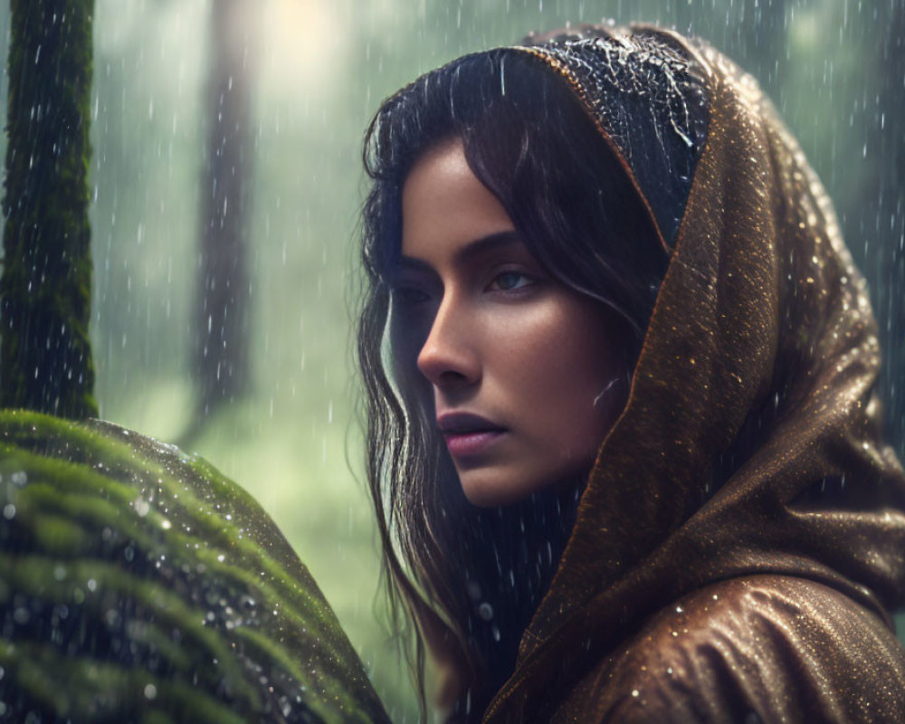 Woman in hooded garment standing in rain with droplets on face and green leaf, gazing thought