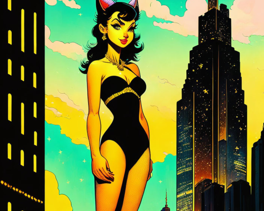 Stylized woman with cat ears in vibrant cityscape at sunset