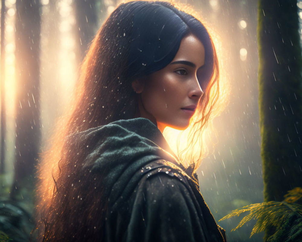 Woman in Green Cloak Standing in Misty Forest with Sunlight Filtering Through