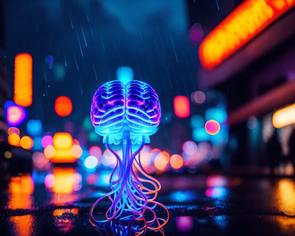 Neon jellyfish with brain-like structure in urban night scene