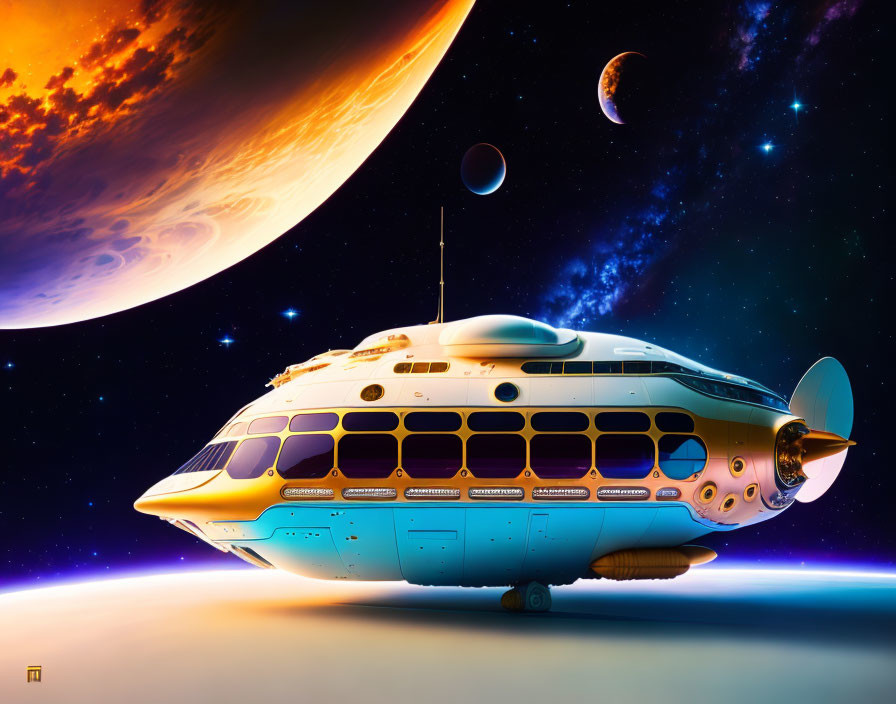 Futuristic spaceship near planet with celestial bodies and stars