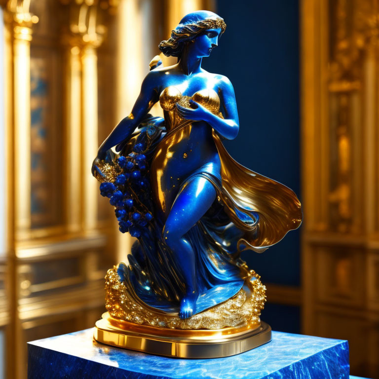Blue and Gold Statue of Woman with Grapes on Golden Background