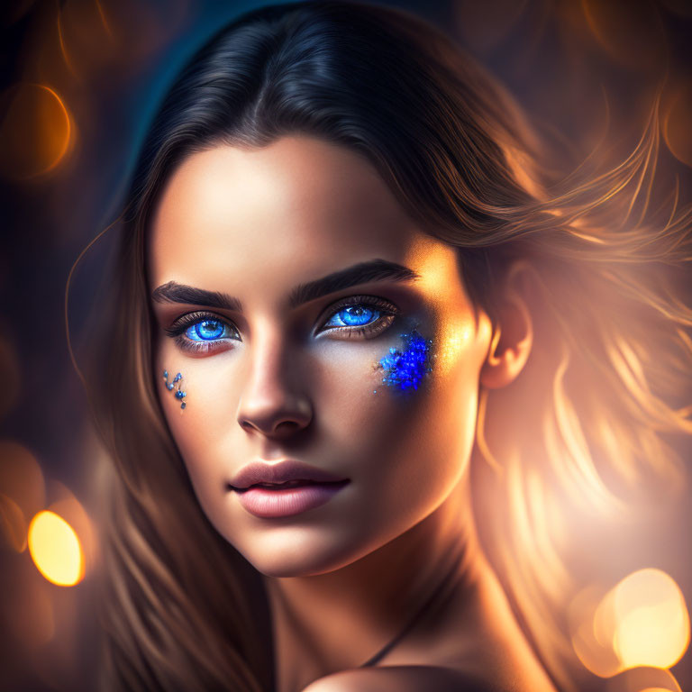 Close-up portrait of woman with blue eyes, glitter makeup, and flowing hair