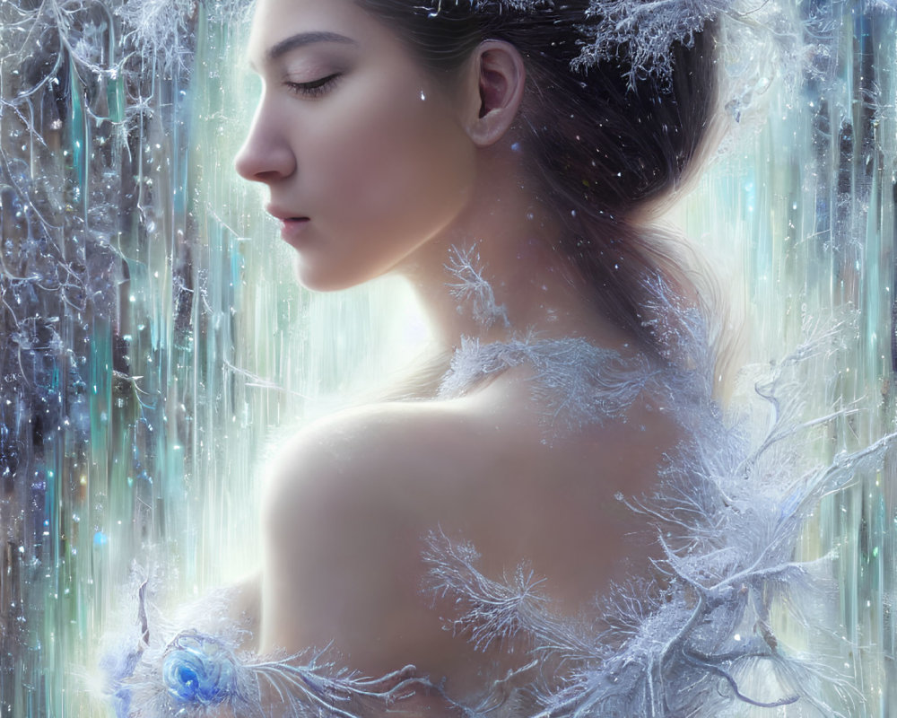 Frosty-skinned woman with snowflake adornments in serene setting