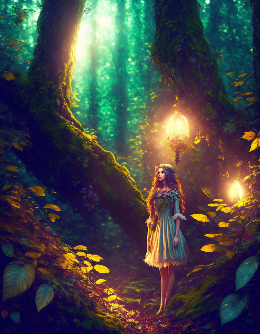 a beautiful fairy in a dark forest 