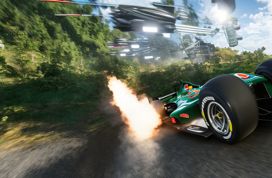 Green Racing Car Speeding on Track with Fiery Exhaust, Helicopter Over Wooded Area