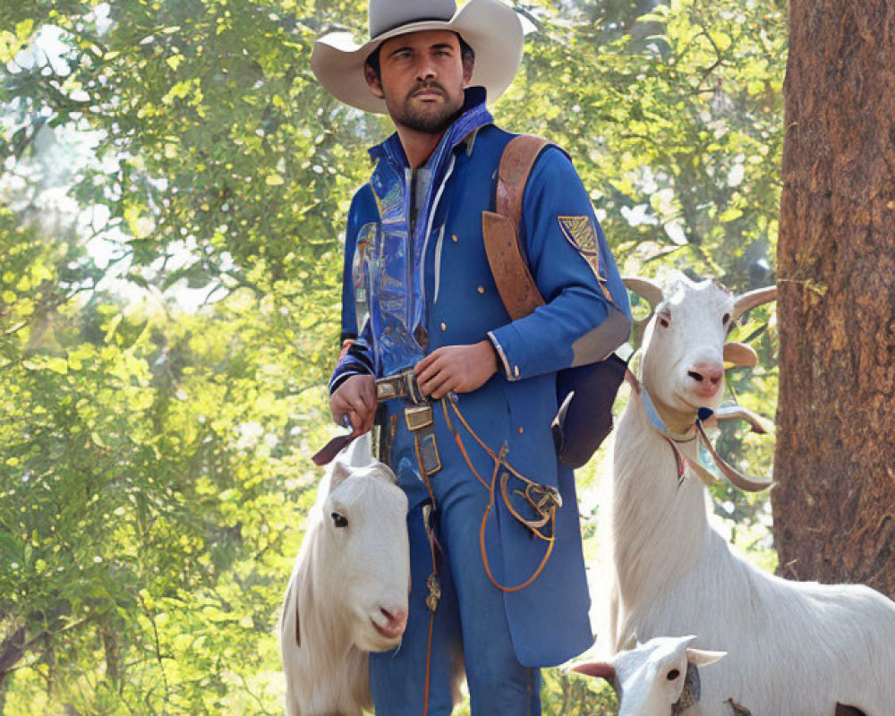 Man in cowboy hat with goats in forest - blue vest and rope present