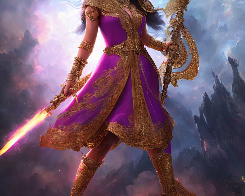 Female warrior in golden armor wields energy sword in mystical setting