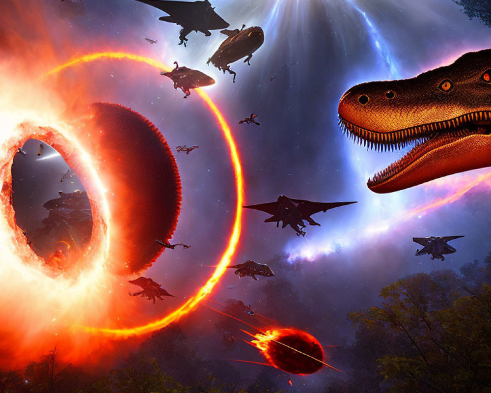 Sci-fi scene with spaceships, dinosaurs, fiery portal, and cosmic body