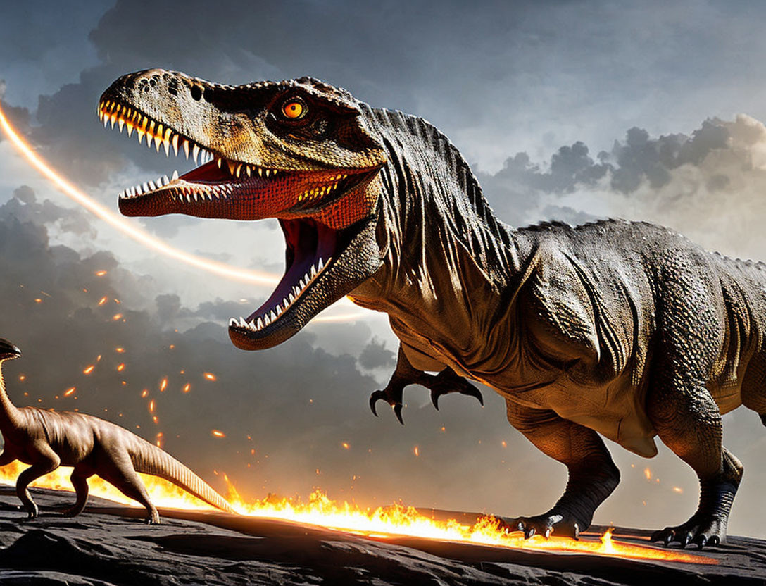 Ferocious Tyrannosaurus Rex Roaring in Prehistoric Landscape