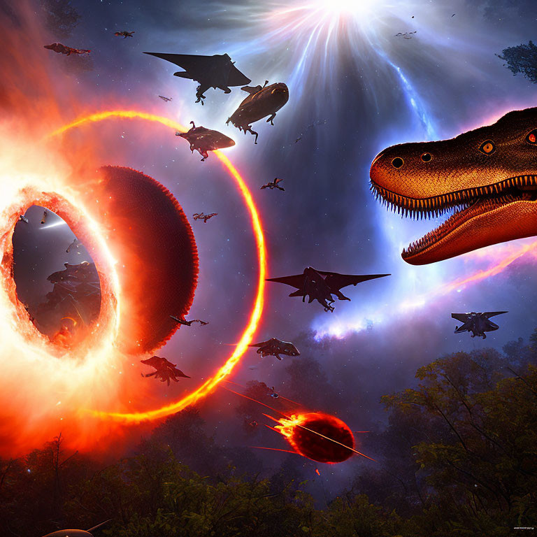 Sci-fi scene with spaceships, dinosaurs, fiery portal, and cosmic body