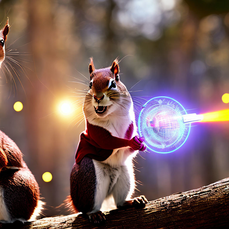 Digitally altered image of squirrels with sci-fi shield and weapon in dramatic lighting