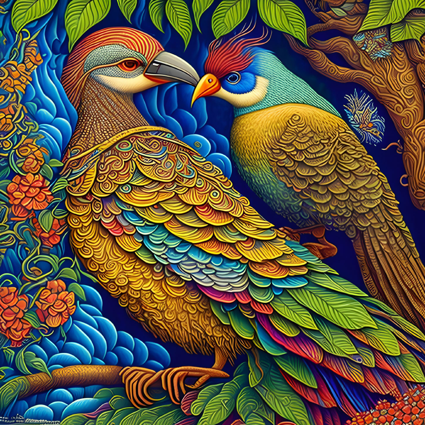 Colorful Stylized Birds Facing Each Other on Blue Floral Background