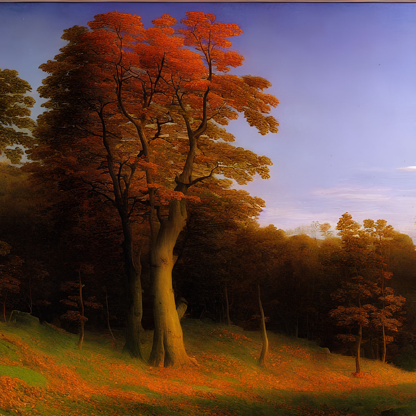 Majestic solitary tree with reddish-orange leaves at sunset