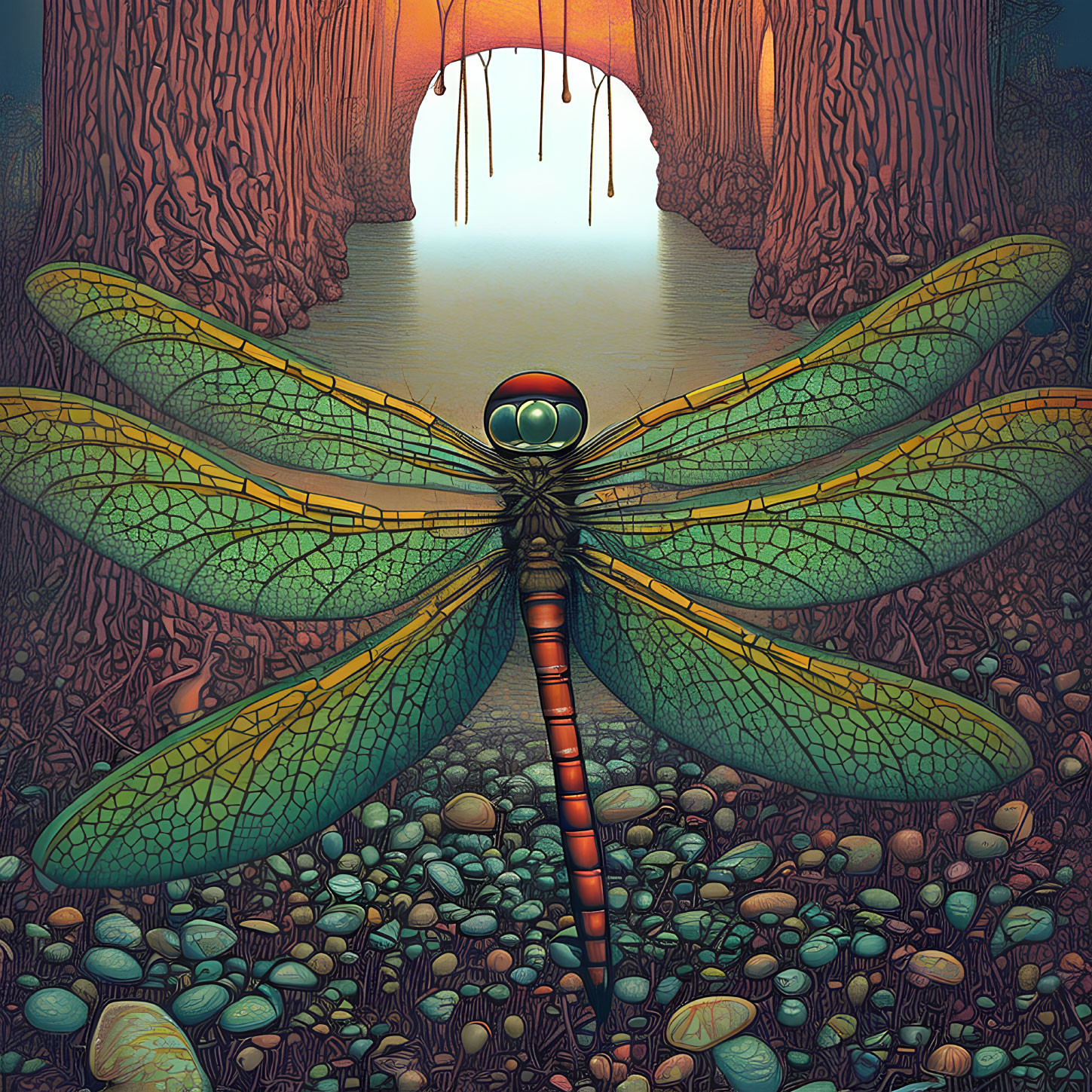 Colorful Dragonfly Resting on Stones with Forest Background