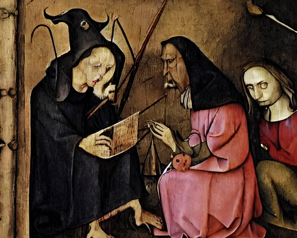 Medieval painting with figures in horned mask, playing instrument, and praying