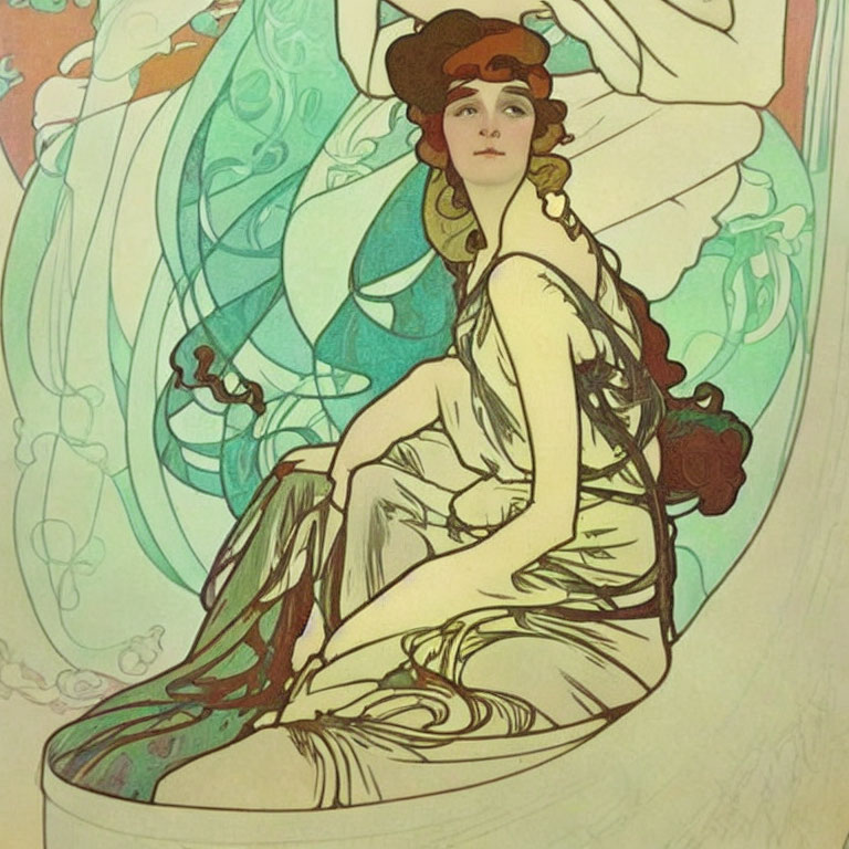 Art Nouveau Woman Illustration in Shell Structure with Stained-Glass Background