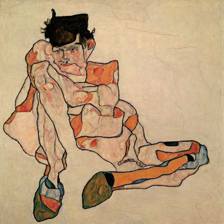 Expressionist painting of contorted male figure with intense gaze