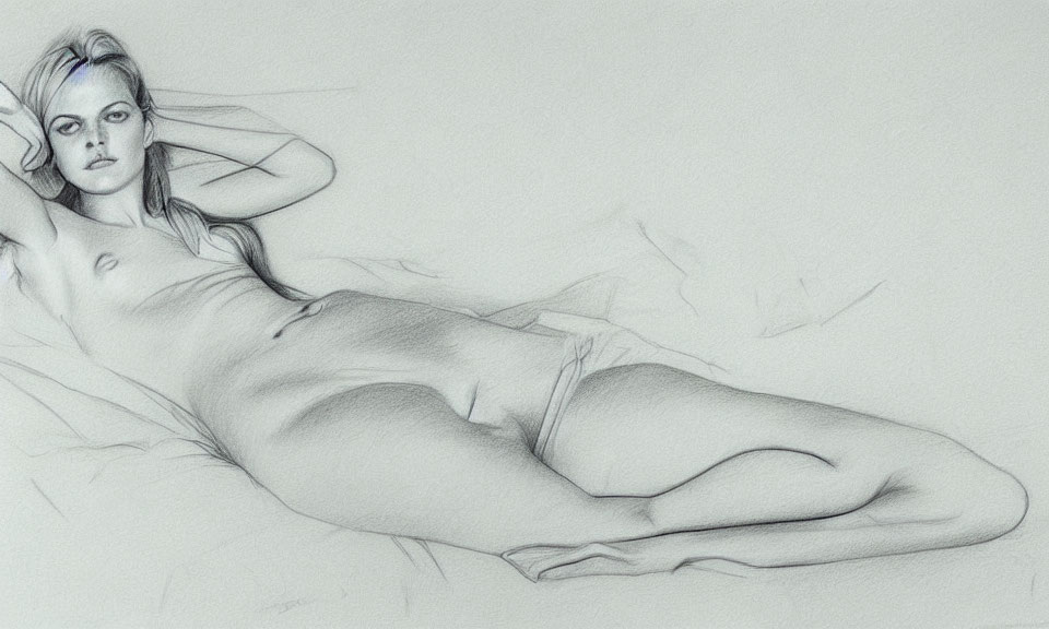 Detailed pencil sketch of reclining woman with hand behind head, gazing sideways.