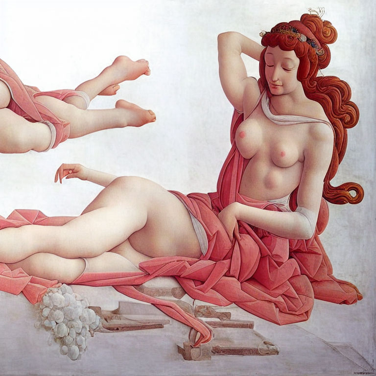 Classical painting of reclining woman with cupids in idealized beauty scene