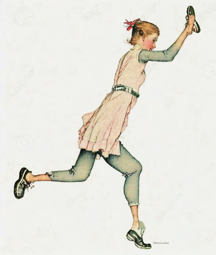 Young girl in dress with red bow holding a shoe illustration