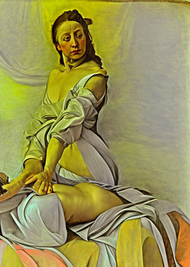 Stylized painting of seated woman with exaggerated expression and vivid colors