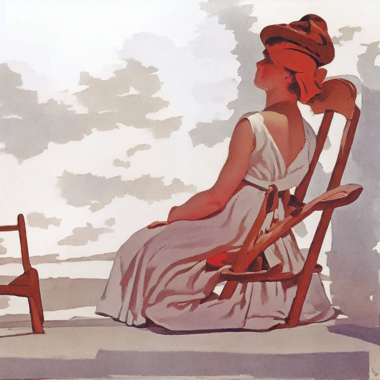 Woman in White Dress Sitting in Rocking Chair with Wide-Brimmed Hat
