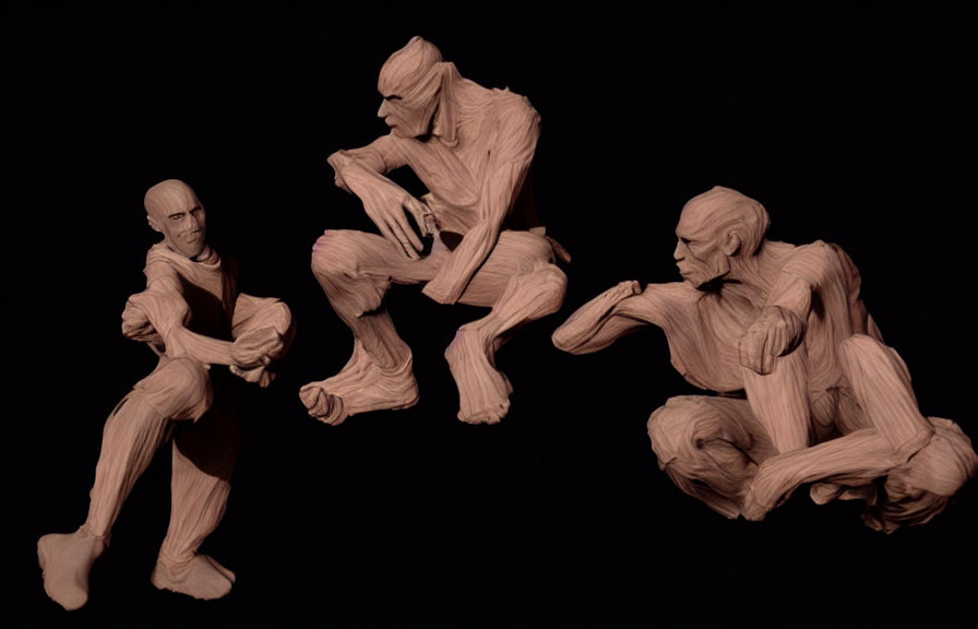 Wooden humanoid figures in dynamic poses on dark background.