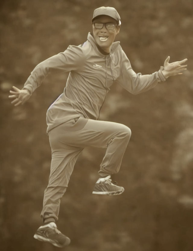 Man in sportswear and sunglasses mid-air with sepia background