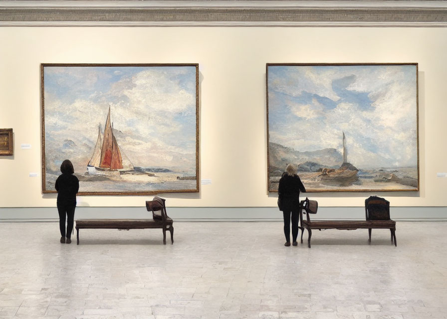 Tranquil art gallery with large maritime paintings and classical architecture