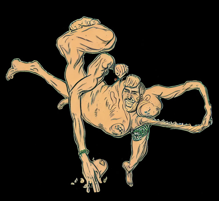 Muscular, Multi-Limbed Man Illustration with Exaggerated Proportions