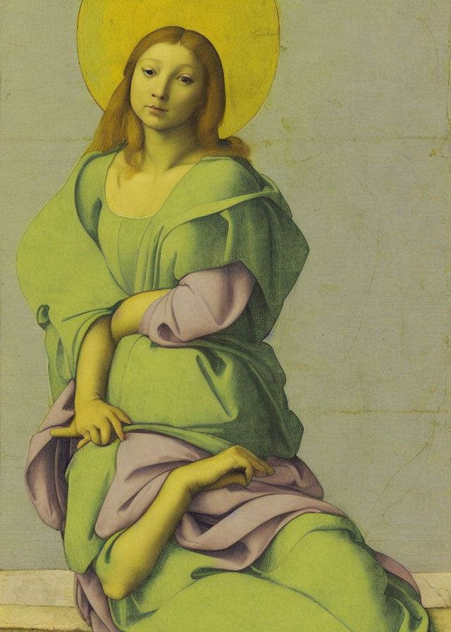 Serene painting of haloed figure in green and pink robes