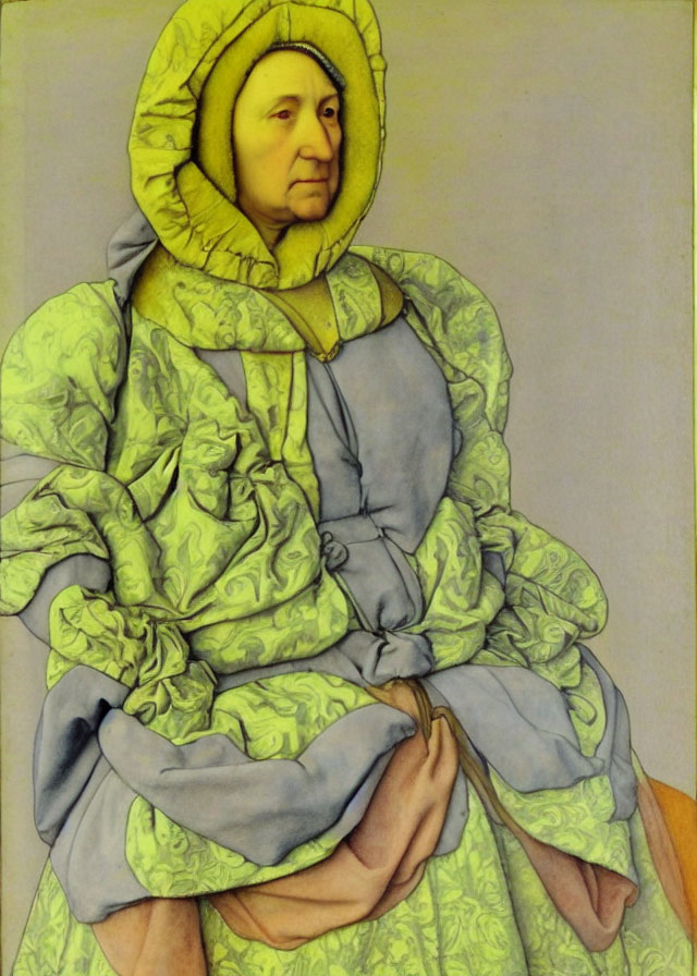 Elderly person in green dress with yellow cloak and brown pouch