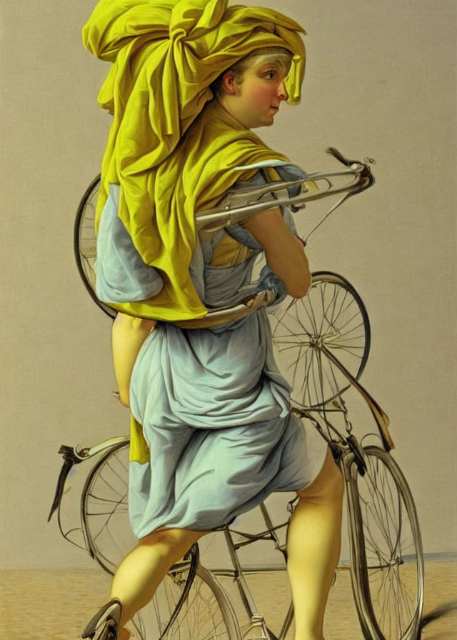 Woman in Blue Dress Carrying Bicycle and Yellow Headscarf