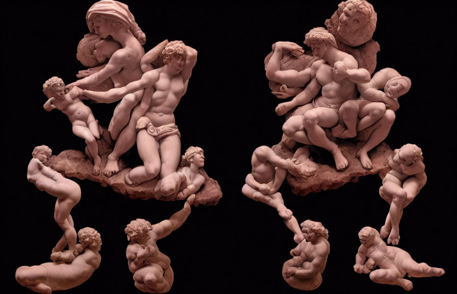 Detailed sculpture of multiple cherubic figures in playful poses on dark background