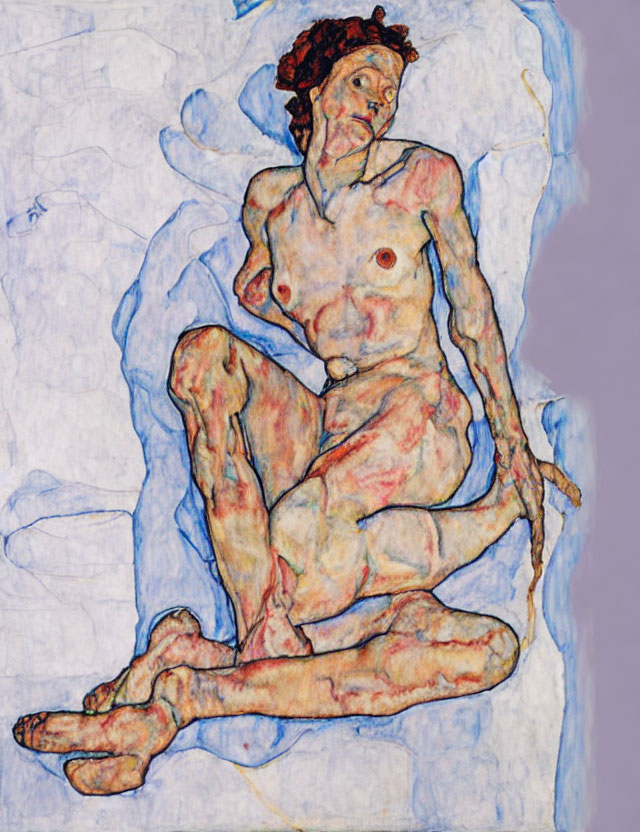 Abstract nude figure painting in blue, white, and red tones on textured background
