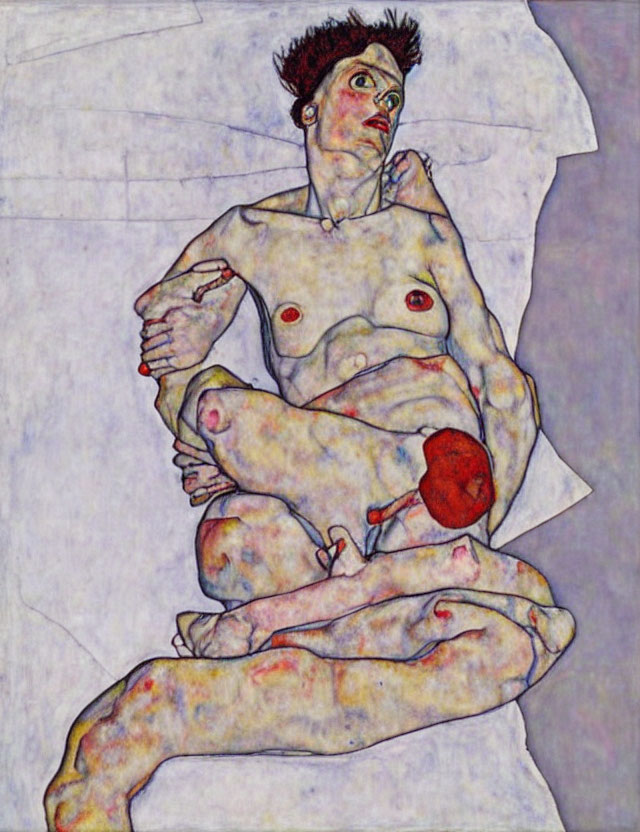 Seated nude androgynous figure with disjointed limbs in blue outline