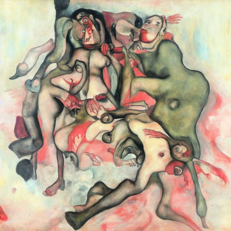 Abstract painting of distorted human figures in muted reds, greens, and beiges