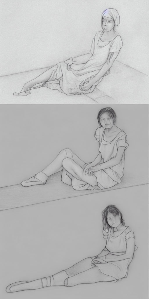 Progressive sketches of woman sitting in hat, T-shirt, and shorts