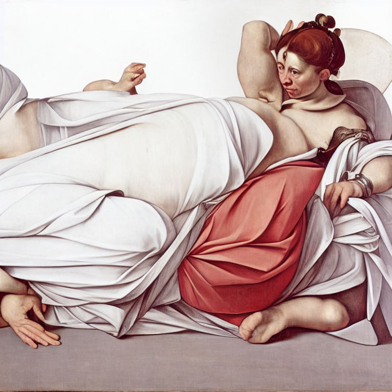 Reclining figure in white drapery with red cloth, finger raised