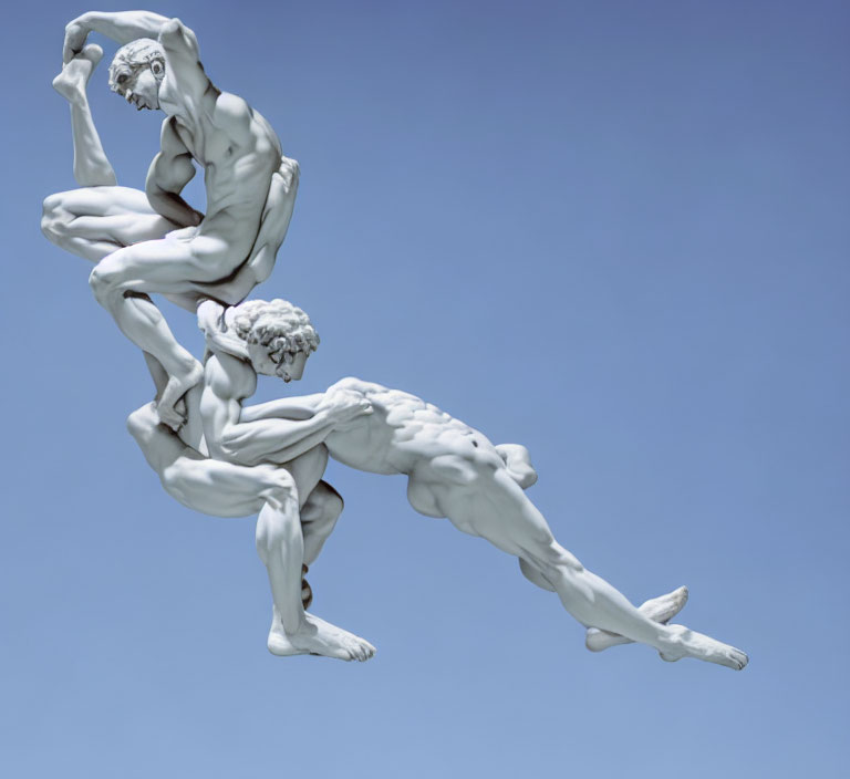 Intertwined Male Figures Sculpture Against Light Blue Background