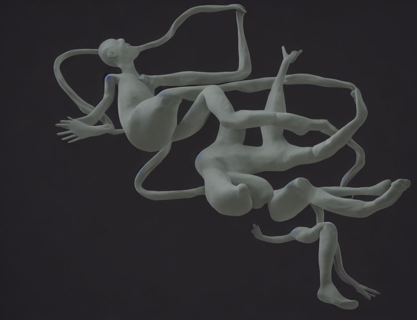 Surreal digital artwork featuring human-like figure with elongated limbs