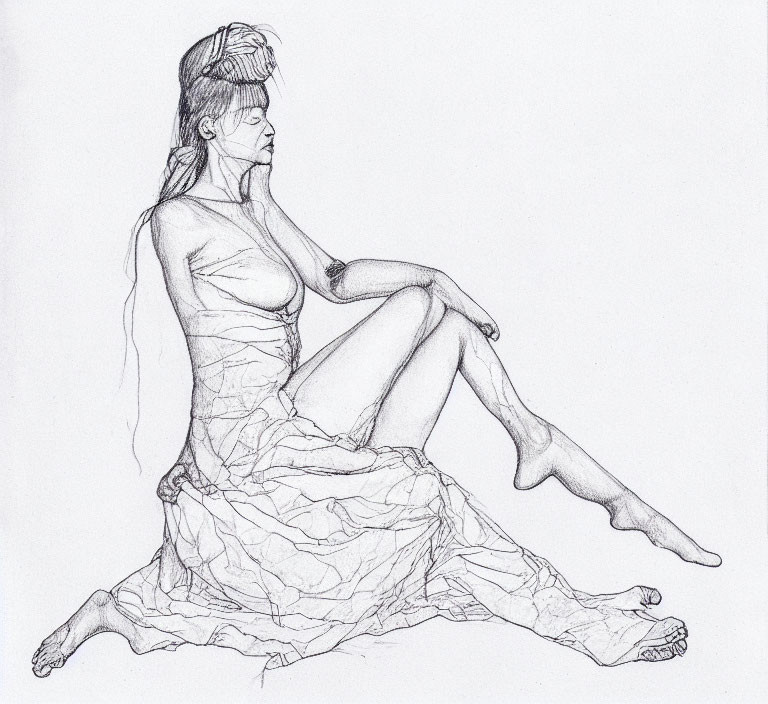 Seated woman in flowing dress with head tilted upwards