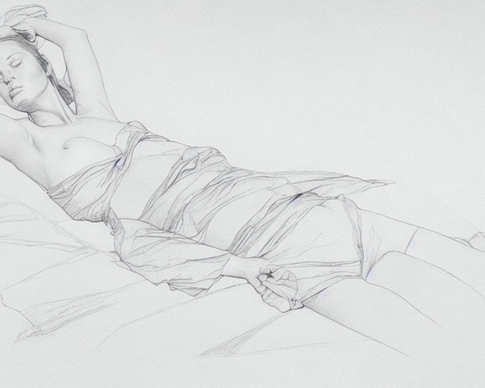 Reclining woman in pencil sketch with draped cloth